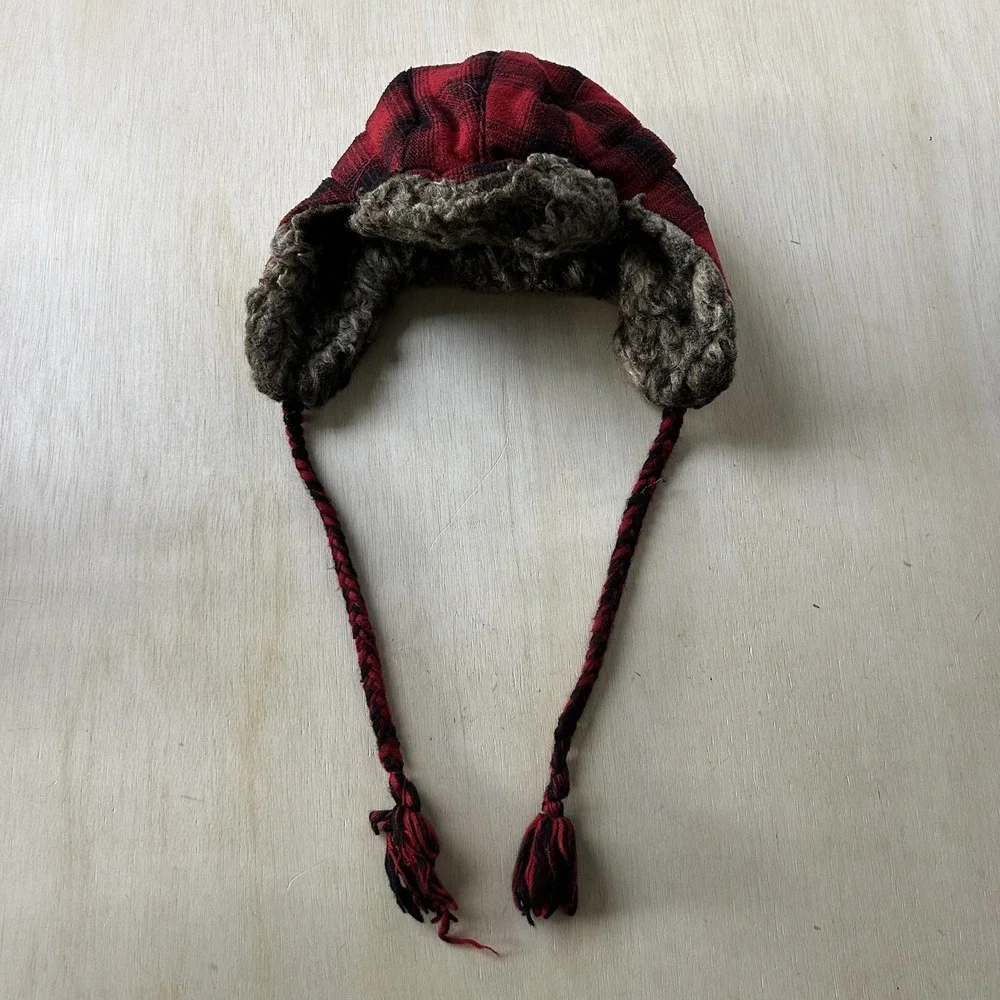 Y2K American Eagle Hat Trapper Mens L XL Red Plaid Faux Fur Ear Flap Winter